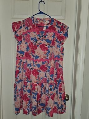 Boutique Floral V-Neck A-Line Dress in Pink & Blue